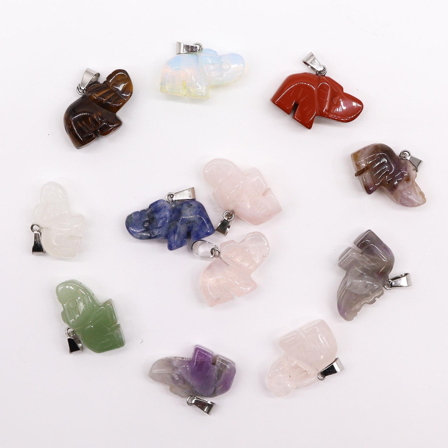 12x Pendentifs Éléphants Porte-Bonheur en Pierres Précieuses (12 assortis) 25x15mm