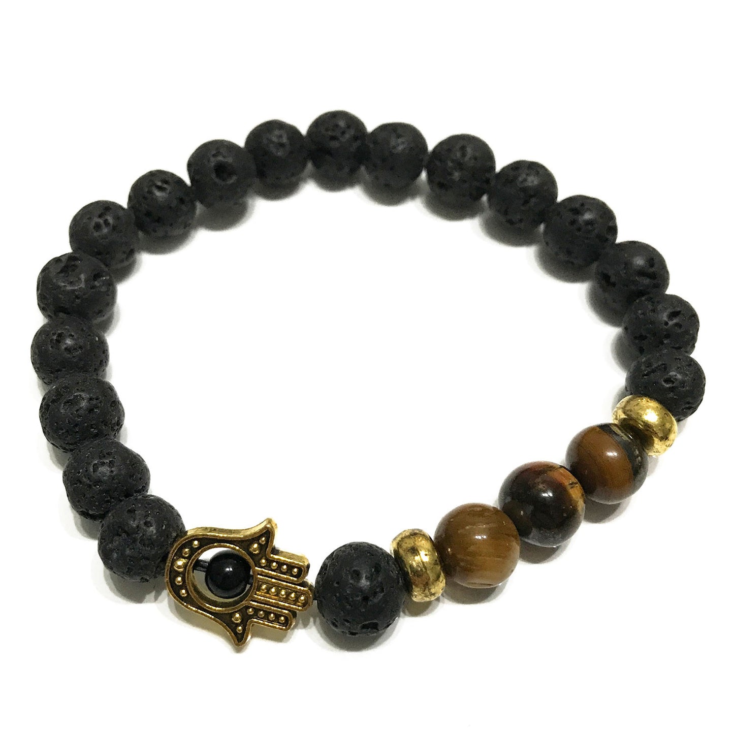 Bracelet de pierres de lave - Hamsa œil de tigre