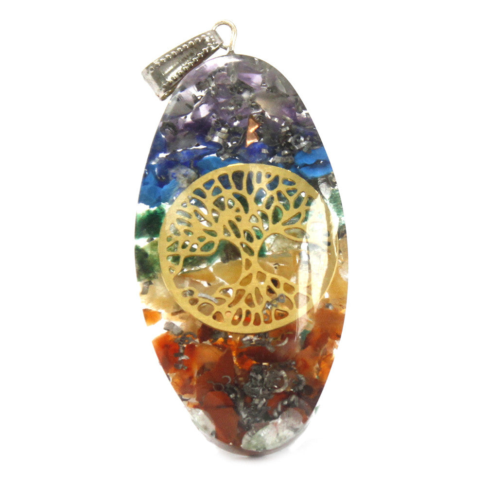 Pendentif en orgonite - Chakra ovale à 7 pierres avec arbre