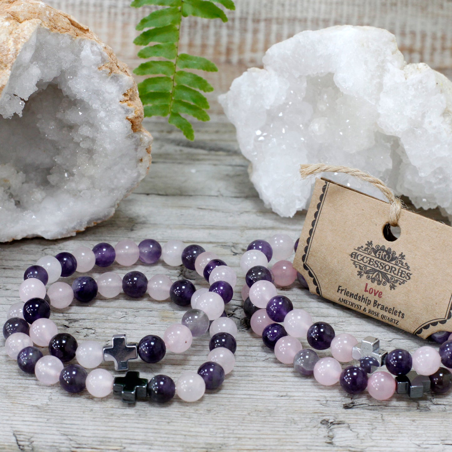 Lot de 2 bracelets d'amitié en pierres - Amour - Améthyste & Quartz rose