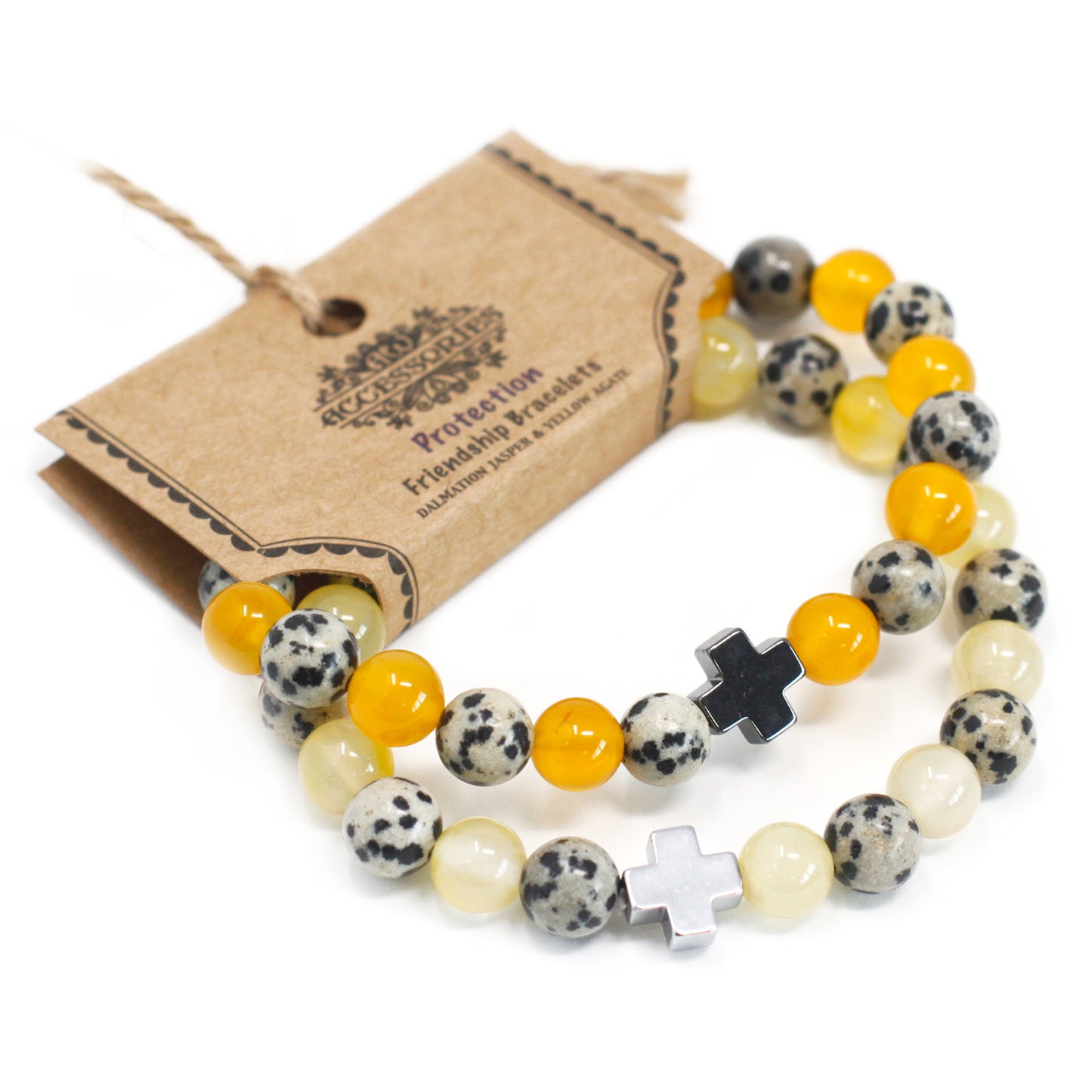 Lot de 2 bracelets d'amitié en pierres - Protection - Jaspe dalmatien & Agate jaune