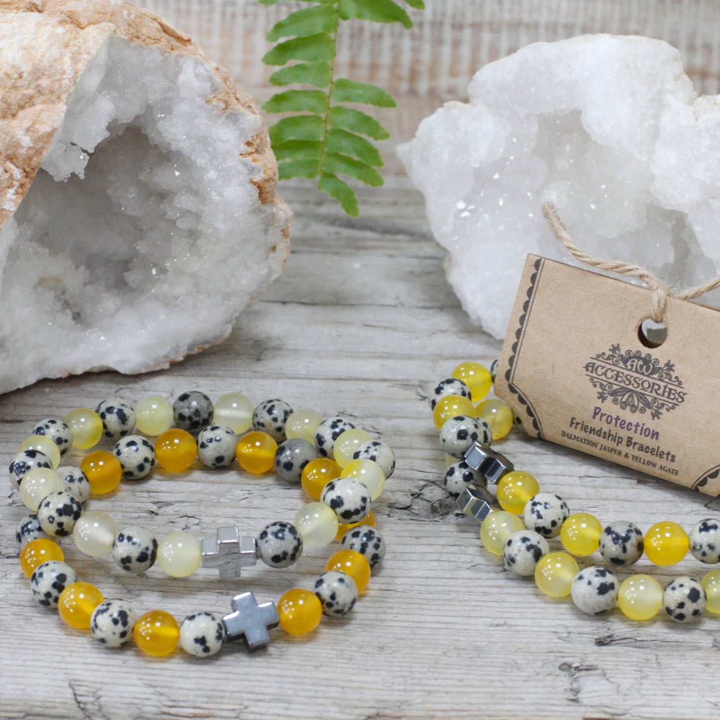 Lot de 2 bracelets d'amitié en pierres - Protection - Jaspe dalmatien & Agate jaune