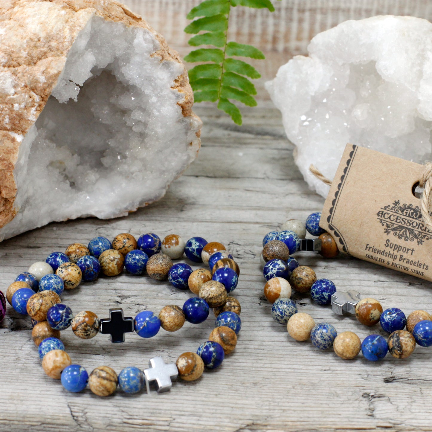 Lot de 2 bracelets d'amitié en pierres - Soutien - Sodalite & Picturestone