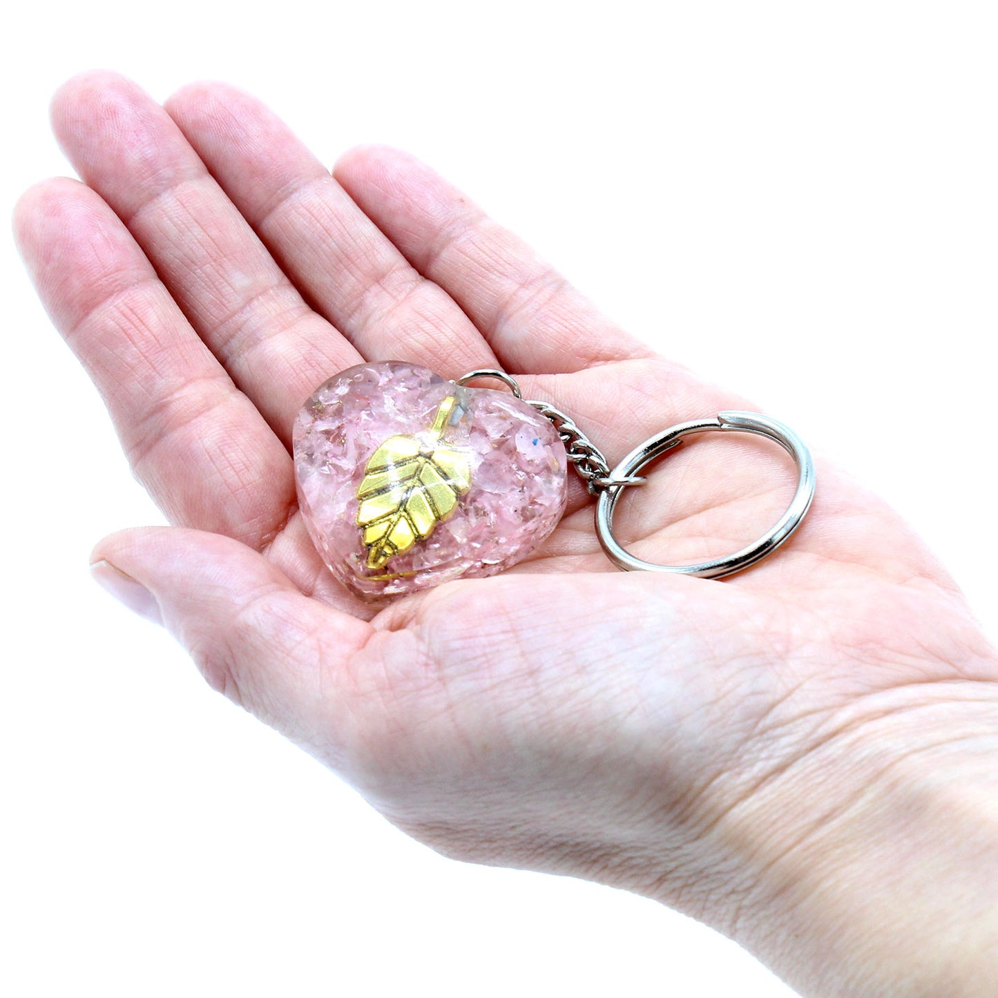 Porte-clés Orgonite Power - Quartz Rose Cœurs Feuille d'Or