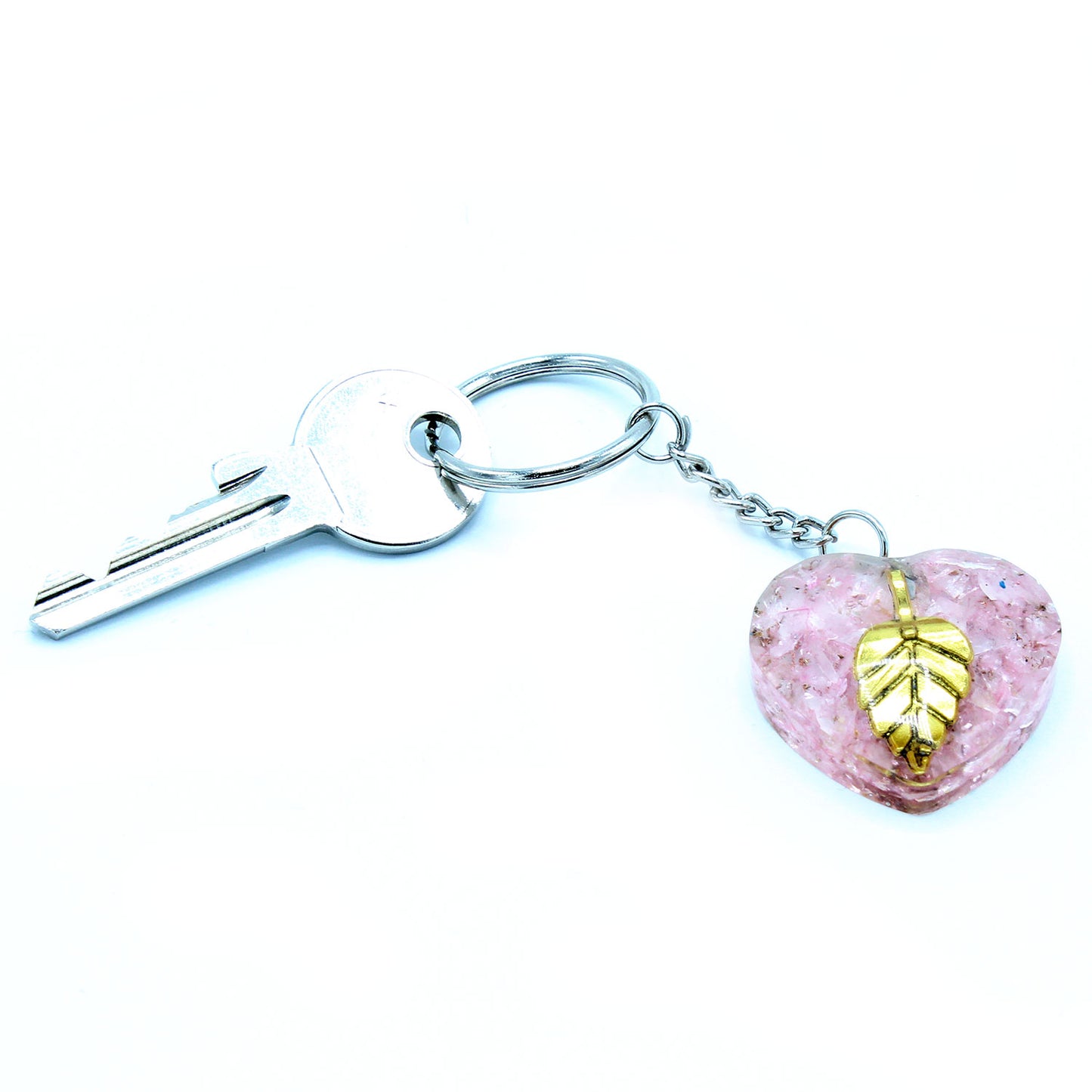 Porte-clés Orgonite Power - Quartz Rose Cœurs Feuille d'Or