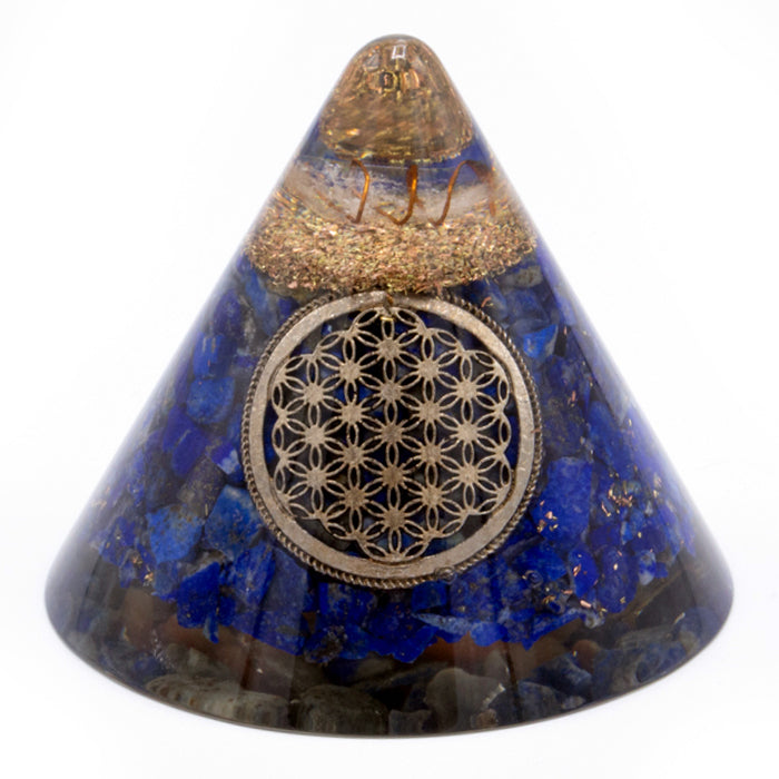 Cône d'Orgonite - Fleur de Vie en Lapis - Quartz suspendu - 90 mm