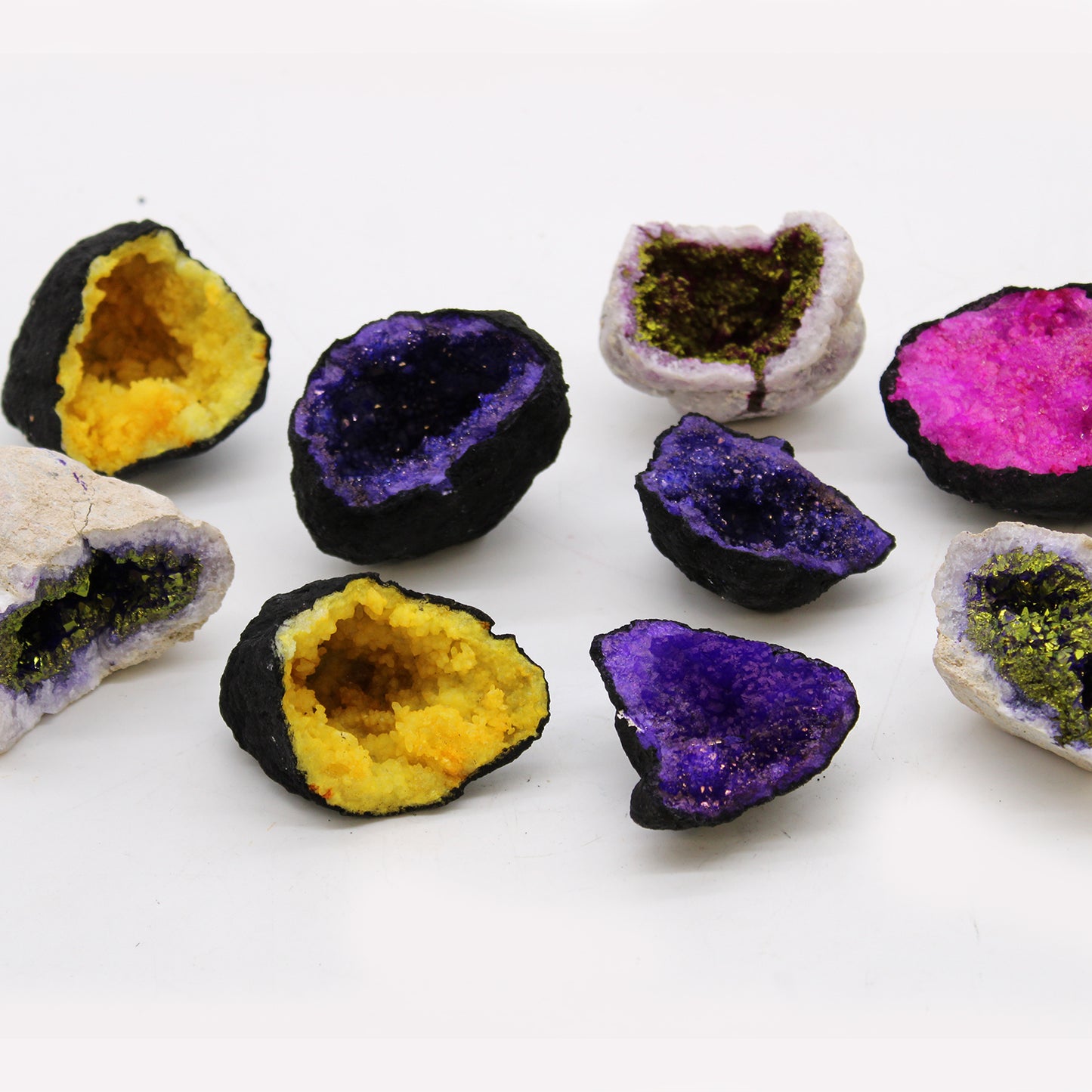 Colored calsite geodes - natural rock - purple and gold