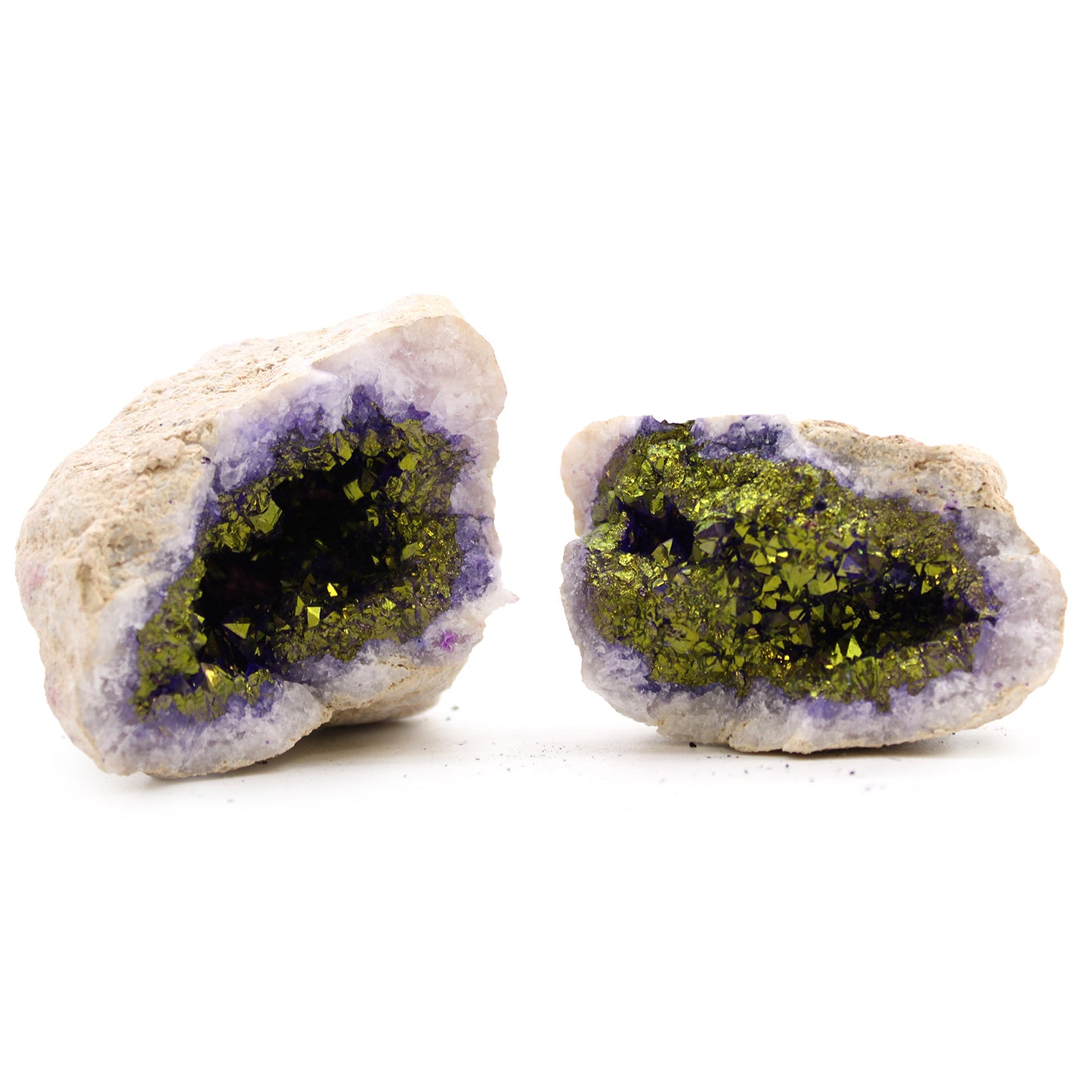 Colored calsite geodes - natural rock - purple and gold