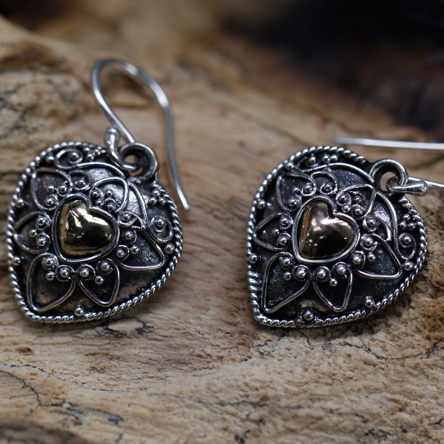 Boucles d'oreilles argent et or - Mandala Hearts